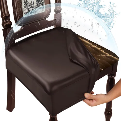 Vista 11 de Juego de 4 fundas de asiento impermeables para sillas de comedor, fundas de asiento de cocina de cuero, resistentes a las manchas, fundas elásticas