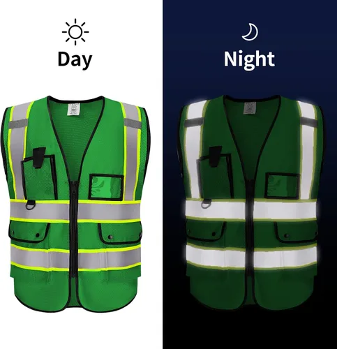 Vista 3 de Chaleco Reflectante Clase 2 de Seguridad ANSI con Bolsillos y Cremallera de Alta Visibilidad Uniforme de Construcción K-verde-1pack-custom