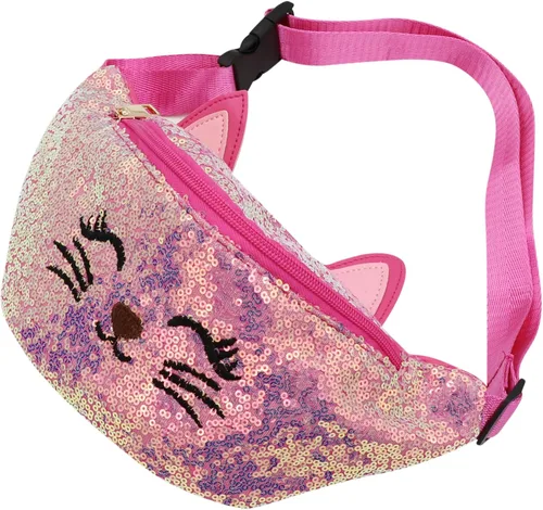 Vista 3 de Riñonera con lentejuelas con purpurina para niñas, cinturón ajustable, lindo gato, deportivo, bolsa de viaje para niños y adolescentes