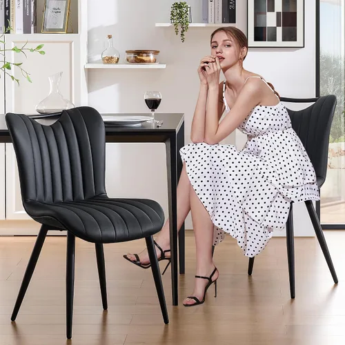 Vista 7 de Juego de 2 sillas de comedor tapizadas de cuero, modernas sillas de comedor de cocina de mediados de siglo con patas de metal negro, sillas