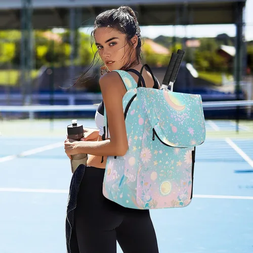Vista 7 de Mochila de pelota de raqueta de tenis, linda y resistente, color azul y rosa, para astrología, pickleball, bolsa de gimnasio para hombres y mujeres