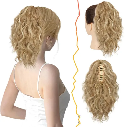 Vista 27 de BARSDAR Extensión de cola de caballo corta para mujer, extensiones de cabello sintético suave con clip de garra de 12 pulgadas, extensiones de cola