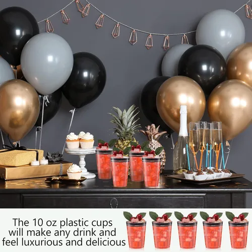 Vista 5 de Zubebe 100 vasos de plástico negro de 10 onzas para fiestas, vasos desechables de champán transparente, vasos de doble borde para Navidad
