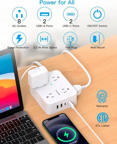Vista 2 de Extensión de cable de 15 pies, tira de alimentación con 4 puertos USB (2 USB C), HANYCONY 8 protectores de sobretensión con salidas y enchufe plano