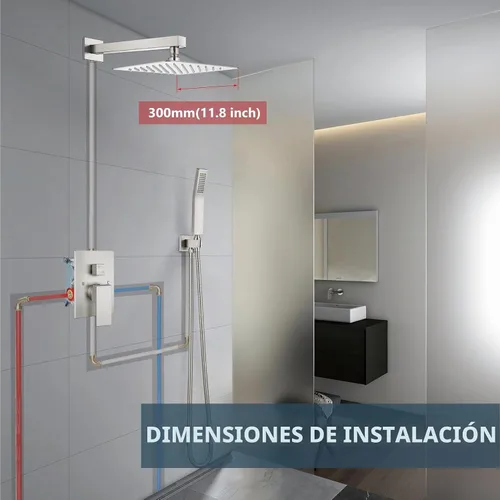 Vista 8 de Aolemi Sistema de ducha tipo lluvia de 12 pulgadas, cabezal de ducha cepillado Nikcel Combo Set con ducha de mano válvula de montaje en pared grifo