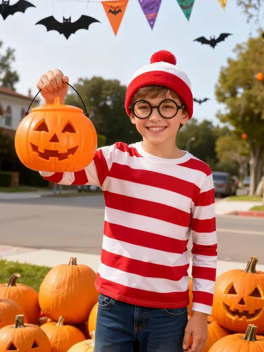 Vista 4 de URATOT Conjunto de disfraz de Halloween para niños, camiseta a rayas rojas y blancas, gorro, gafas de nerd