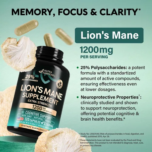 Vista 4 de Cápsulas de suplemento de melena de león - Melena de león orgánica - Fabricado en EE.UU. - Extracto de cuerpos fructíferos - 1200 mg, 25%