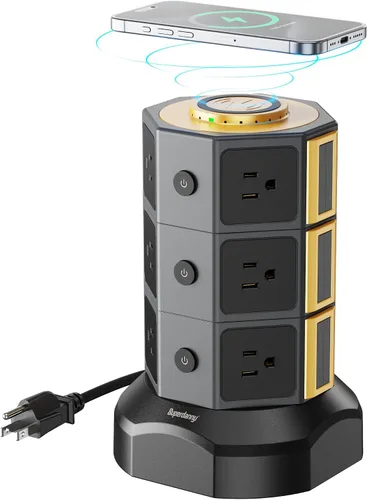 Vista 8 de SUPERDANNY Torre de regleta con cargador inalámbrico de 15 W, cable de extensión retráctil de 6.5 pies, protector de sobretensiones 1050J, estación