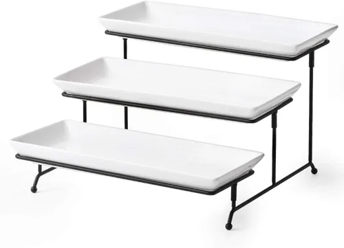 Vista 10 de YHOSSEUN Bandeja para servir de 3 niveles con soporte para servir, cerámica Soporte dorado