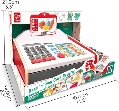 Vista 3 de Hape Caja registradora Beep 'n' Buy Caja registradora de juguete de juego de rol para niños, para niños a partir de 3 años