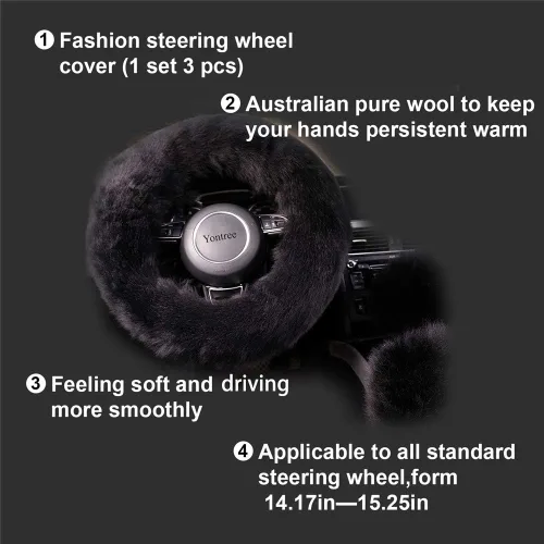 Vista 4 de Yontree - Juego de 3 fundas de volante modernas y acolchadas, para mujeres, jóvenes, señoras u hombres, de lana pura Australia, universales, 15 Negro