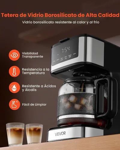 Vista 6 de VEVOR Cafetera programable, cafetera de goteo programable de 12 tazas con pantalla táctil, cafetera de 4 horas para mantener el calor, cafetera