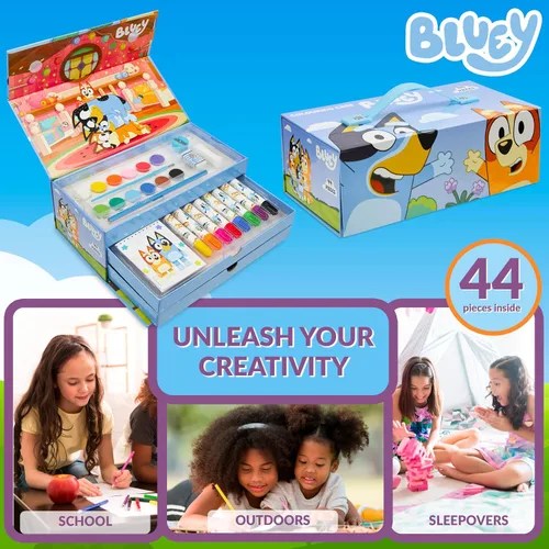Vista 5 de Bluey Lápices de colores suministros de arte para niños y niñas, kit de dibujo, pintura, suministros escolares, kit de arte, estuche de viaje, Azul