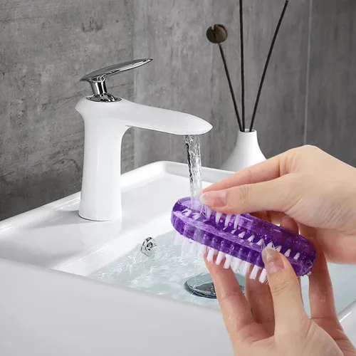 Vista 5 de Cepillos de limpieza de uñas de plástico para uñas de 2 caras, cepillo antideslizante para uñas, paquete de 4 (rosa y morado)