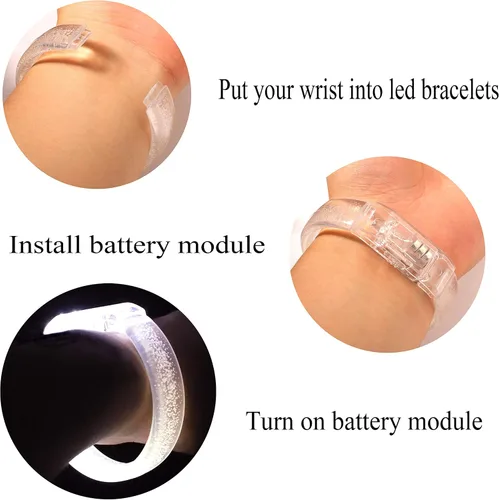 Vista 5 de Pulseras con luz LED, pulseras blancas brillantes, regalos de fiesta, suministros de juguetes para cumpleaños, Halloween, carnavales, fiestas