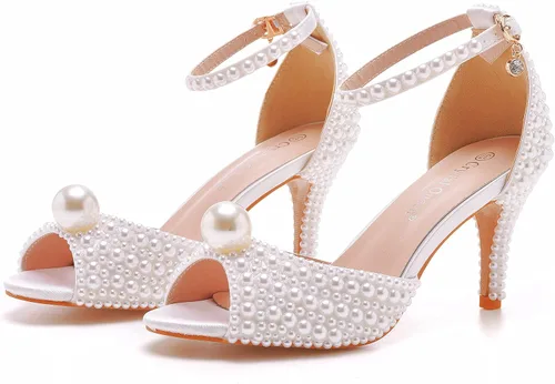 Vista 3 de Crystal Queen Sandalias de tacón de aguja de 3 pulgadas con perlas, puntera abierta, para novia, boda, fiesta, vestido, zapatos de mujer, sandalias
