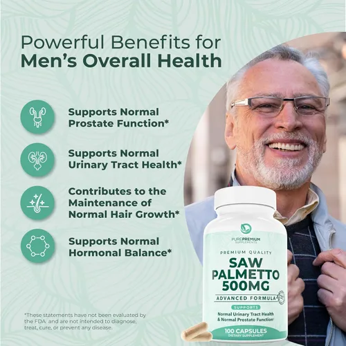 Vista 3 de Saw Palmetto Premium 500 mg para hombres y mujeres – Extracto de palma enana americana de máxima fuerza y suplemento en cápsulas en polvo – Apoya