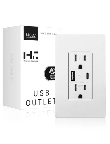 Vista 11 de MOES - Salidas USB (certificadas UL), puertos tipo C y USB-A, carga rápida de 5VDC 4.8A 24W, resistente a manipulaciones, compatible con caja