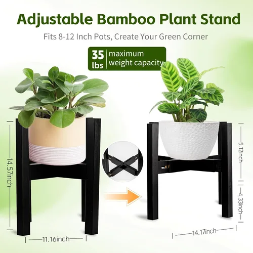 Vista 5 de Soporte ajustable de bambú para plantas de interior, soporte para macetas de 8 a 12 pulgadas para sala de estar, dormitorio, esquina, estante