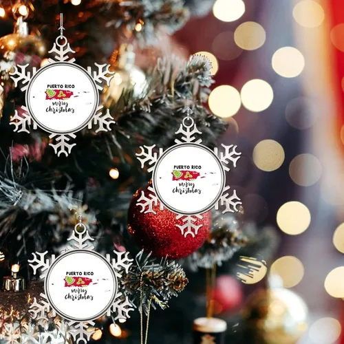 Vista 4 de Adorno de metal con texto en inglés «Merry Christmas» de Puerto Rico, recuerdo de recuerdo para árbol de Navidad, colgante de copo de nieve