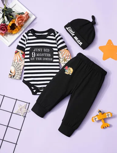 Vista 4 de Conjunto de 3 piezas de ropa para bebé y niño, manga de tatuaje, mameluco divertido y pantalones
