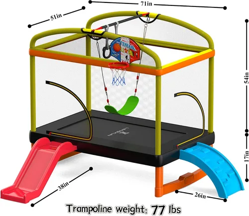 Vista 4 de Trampolín rectangular de 6.5 pies con columpio de baloncesto para escalada al aire libre para niños, trampolines de recreación con red de seguridad