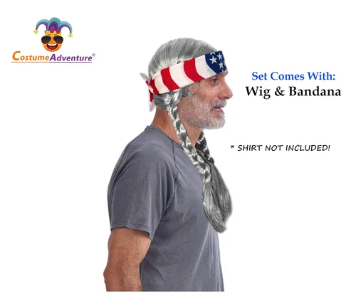 Vista 2 de Peluca hippie trenzada para hombre, peluca gris con diadema de bandera estadounidense, hippie, peluca hippie de los años 60, peluca hippie