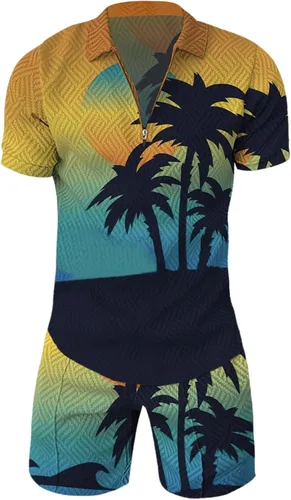 Vista 3 de Conjunto deportivo de 2 piezas para hombre, camiseta polo y pantalón corto, con cremallera de un cuarto, casual, elegante, grande y alto