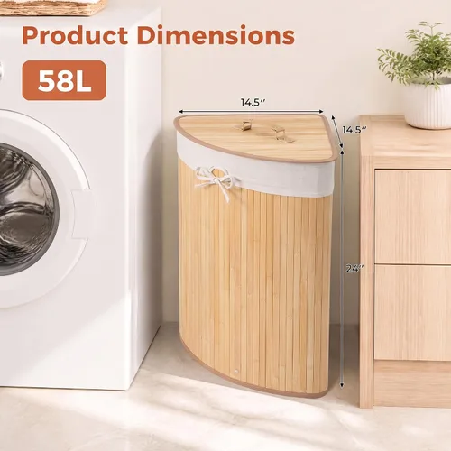 Vista 6 de GOFLAME Cesta esquinera de bambú para la ropa sucia con tapa y forro extraíble, cesta de almacenamiento con asa, adecuada para dormitorio, baño