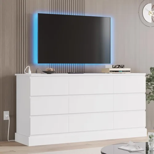 Vista 9 de Hasuit Cómoda Blanca Moderna para Dormitorio con 9 Cajones, Cómodas de 61.4" de Ancho Cajonera con Almacenamiento de Gran Capacidad, Cómoda Larga