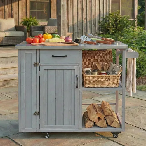 Vista 23 de JIVOIT Isla de cocina al aire libre de 78.3 pulgadas con mesa plegable, carrito de madera para exteriores con almacenamiento de basura y parte