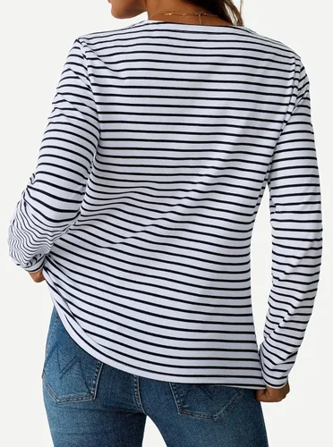 Vista 4 de LilyCoco Camisa de manga larga a rayas para mujer, cuello barco, camiseta de ajuste holgado Breton