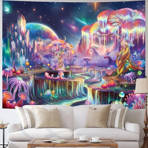 Vista 2 de Obsecolors - Tapiz de luz negra con árbol de la vida de fantasía, tapiz reactivo a los rayos UV, tapices del espacio galáctico, tapices de plantas