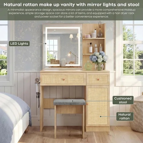 Vista 6 de Yechen - Tocador de 35" estilo bohemio con espejo iluminado con LED y regleta de enchufes, juego de mesa de maquillaje de madera con cajones