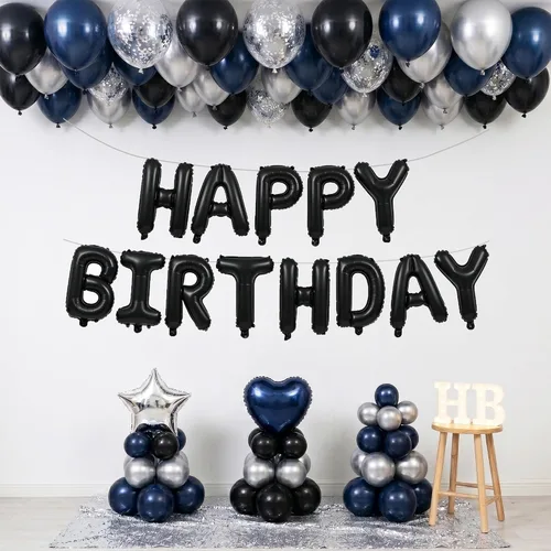 Vista 5 de TONIFUL Pancarta de Globos Negros de Feliz Cumpleaños de 16 Pulgadas con Letras de Papel de Aluminio Mylar, Cartel Banderín Reutilizable