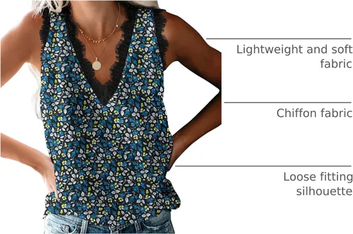Vista 15 de VIISHOW - Camiseta sin mangas, sexy, con cuello en V y bordes de encaje para mujer, camisola de vestir, camisas de gasa, sin mangas, casuales