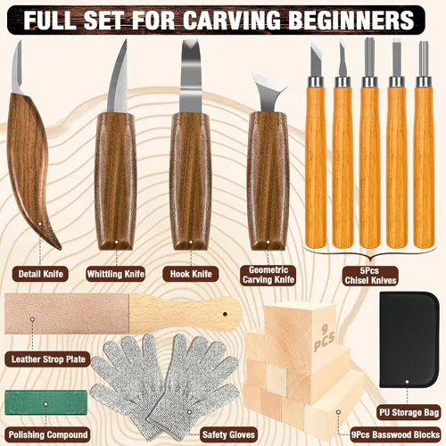 Vista 2 de Kit de tallado de madera, 23 piezas de herramientas de tallado de madera con 4 cuchillos de tallado de madera, 5 cuchillos de detalle, 9 bloques