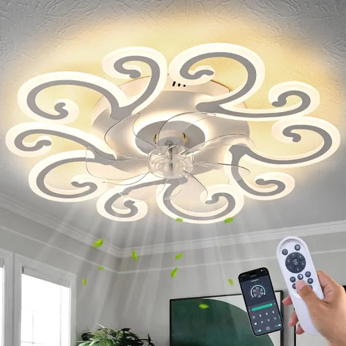 Vista 17 de Ventilador de techo de perfil bajo con control remoto y aplicación, motor silencioso y luz LED regulable, ventilador de techo de montaje empotrado