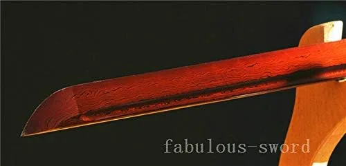 Vista 8 de Espada GLW de 41 pies de acero Damasco plegado rojo japonés Samurai recto Katana lista para la batalla