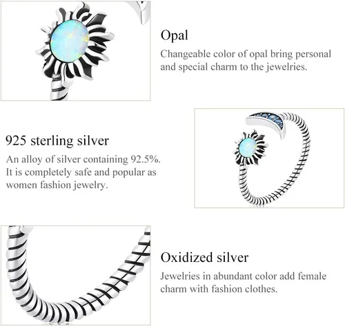 Vista 7 de MUNDELL Anillo abierto de plata de ley 925 con estrella y luna de ópalo para mujer, estilo vintage, trenzado, ajustable, apilable, deslumbrante