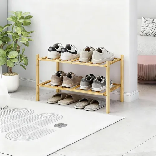 Vista 4 de Zapatero pequeño, organizador multiusos de 2 niveles, estantes pequeños de bambú para zapatos, plantas, libros, sala de estar, pasillo, dormitorio