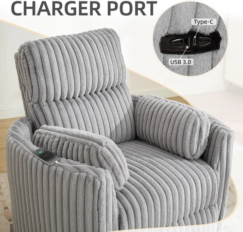 Vista 5 de Mecedora eléctrica giratoria con asiento basculante y reclinable Comfort Stretch para cuarto de bebé con 2 almohadas, silla reclinable eléctrica