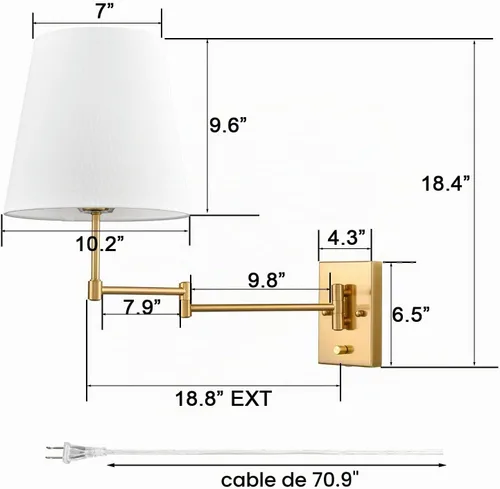 Vista 8 de HYDELITE Lámpara de pared dorada con brazo oscilante, apliques de pared de latón con pantalla de lino, accesorios de pared enchufables o cableados