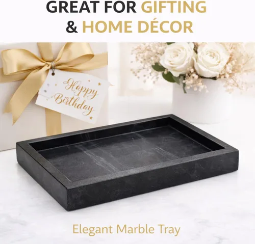 Vista 7 de Bandeja de mármol negro natural para baño, cocina, tocador, escritorio, organizador de piedra para mesa auxiliar, tocador, mesita de noche, velas
