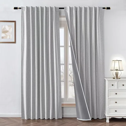 Vista 11 de Cortinas 100% opacas de lino sintético, 90 pulgadas de largo, 2 paneles para dormitorio o sala de estar, térmicas y atenuantes, con lengüetas