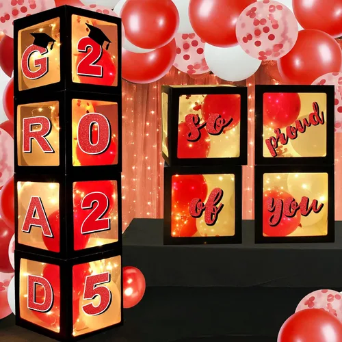 Vista 9 de Decoraciones azules para fiestas de graduación 2026, cajas de globos de graduados – 4 cajas de globos negros con 4 cuerdas de luz y letras 2026 Grad