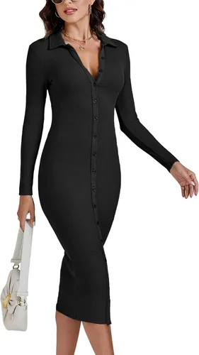Vista 4 de LYANER Vestido midi ajustado de manga larga con cuello en V y cuello en V para mujer