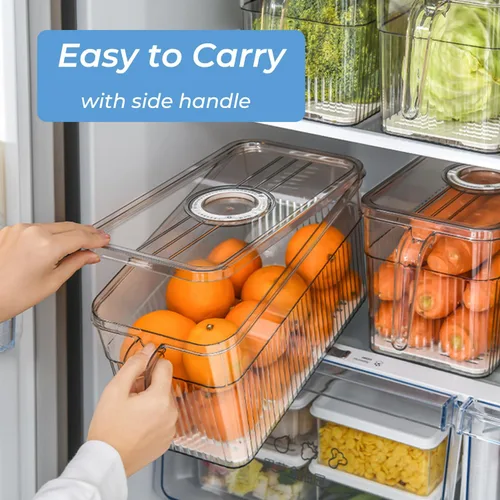 Vista 3 de Paquete de 2 organizadores transparentes para refrigerador y almacenamiento, contenedores organizadores de plástico para refrigerador con asa