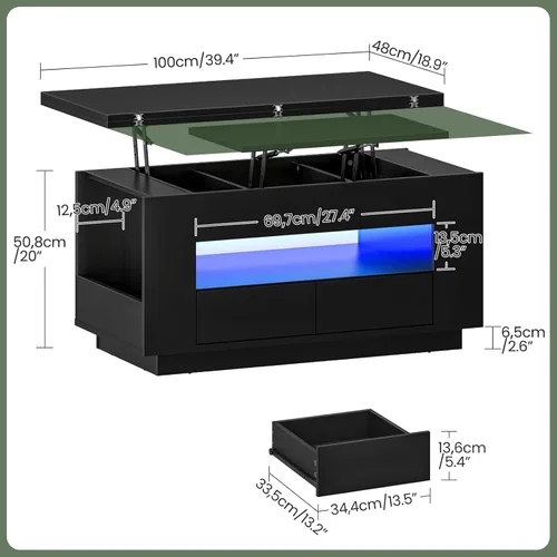 Vista 3 de CHOEZON Mesa auxiliar elevable de 40 pulgadas con 2 cajones, luces LED y almacenamiento, mesa central multiusos 4 en 1 con base flotante, para sala