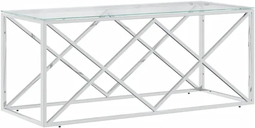 Vista 3 de Mesa de centro de acero inoxidable plateado, vidrio templado, 17.7 x 43.3 x 17.7 pulgadas, muebles de sala de estar rectangulares modernos, mesa
